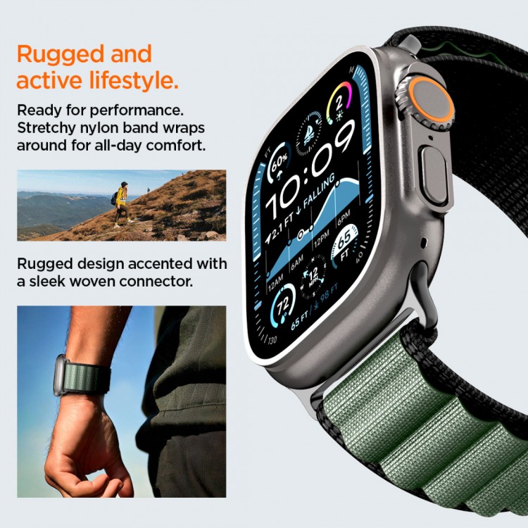 Spigen SGP WBF1 Fabric(hook) Band / λουράκι για Apple Watch series Ultra 3/2/1 49mm, Series 11/10 46mm and Series 9/8/7/6/5/4/SE 45mm, 44mm - ΜΑΥΡΟ/ΠΡΑΣΙΝΟ - AMP10223