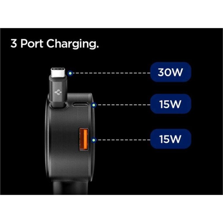 Spigen SGP Essential EV603BT 60W USB-A Ταχυφορτιστής αυτοκινήτου με ανασυρόμενο USB-C καλώδιο 0.7μ. & USB-C θύρα - ΜΑΥΡΟ - ACP10515