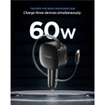 Spigen SGP Essential EV603BT 60W USB-A Ταχυφορτιστής αυτοκινήτου με ανασυρόμενο USB-C καλώδιο 0.7μ. & USB-C θύρα - ΜΑΥΡΟ - ACP10515