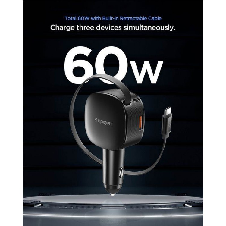 Spigen SGP Essential EV603BT 60W USB-A Ταχυφορτιστής αυτοκινήτου με ανασυρόμενο USB-C καλώδιο 0.7μ. & USB-C θύρα - ΜΑΥΡΟ - ACP10515