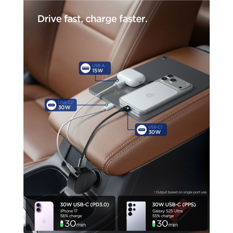 Spigen SGP Essential EV603BT 60W USB-A Ταχυφορτιστής αυτοκινήτου με ανασυρόμενο USB-C καλώδιο 0.7μ. & USB-C θύρα - ΜΑΥΡΟ - ACP10515