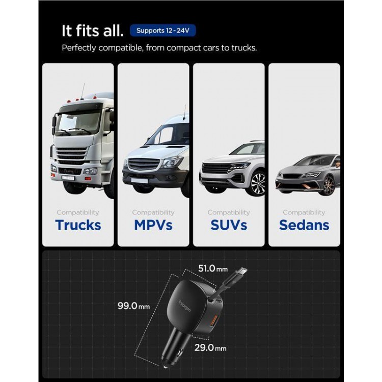 Spigen SGP Essential EV603BT 60W USB-A Ταχυφορτιστής αυτοκινήτου με ανασυρόμενο USB-C καλώδιο 0.7μ. & USB-C θύρα - ΜΑΥΡΟ - ACP10515