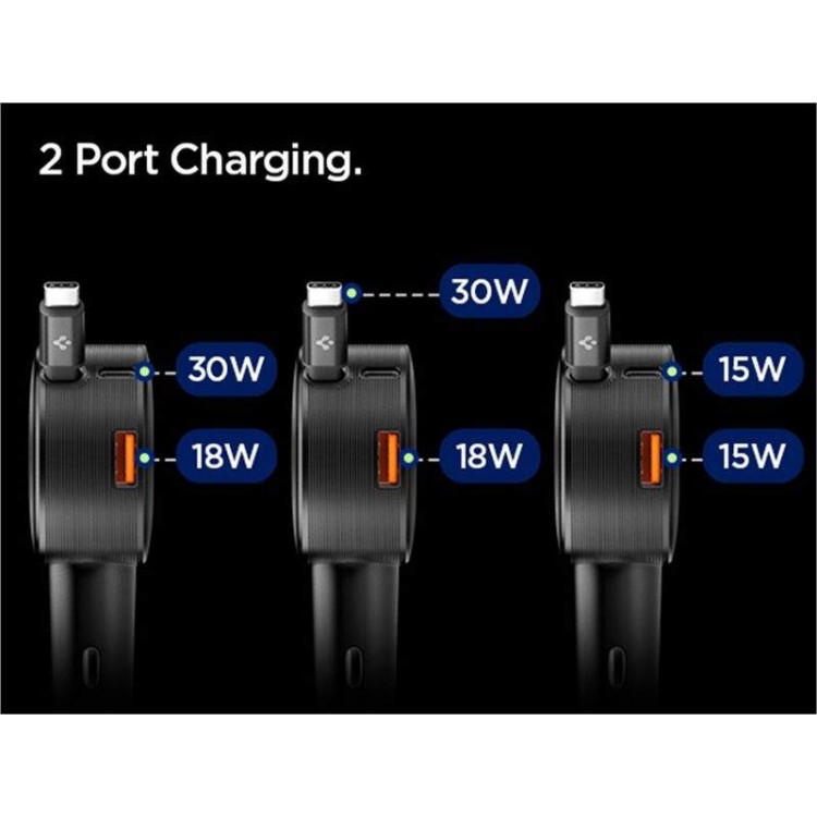 Spigen SGP Essential EV603BT 60W USB-A Ταχυφορτιστής αυτοκινήτου με ανασυρόμενο USB-C καλώδιο 0.7μ. & USB-C θύρα - ΜΑΥΡΟ - ACP10515