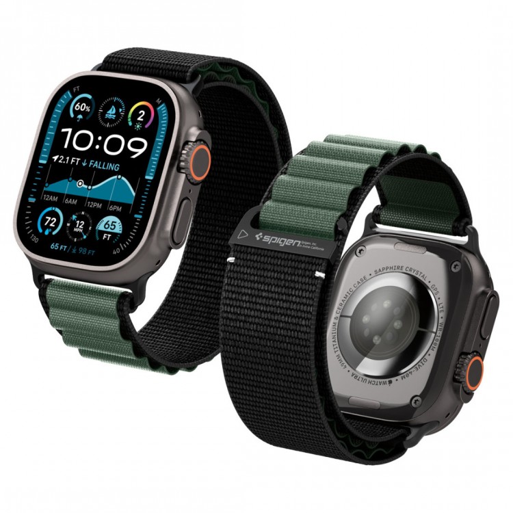 Spigen SGP WBF1 Fabric(hook) Band / λουράκι για Apple Watch series Ultra 3/2/1 49mm, Series 11/10 46mm and Series 9/8/7/6/5/4/SE 45mm, 44mm - ΜΑΥΡΟ/ΠΡΑΣΙΝΟ - AMP10223