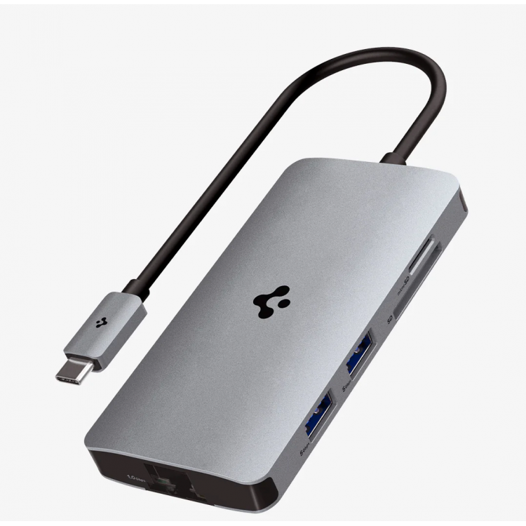 Spigen SGP Aluminum 8-in-1 USB-C Multiport Hub Adapter 100W, PD 3.0, microSD/SD Card, 5Gbps Data, 4K 60Hz HDMI ,Ethernet, USB-C, 3XUSB-A Ports for Apple MacBook Pro/Air M1 M2 - ΑΣΗΜΙ - ACA06141