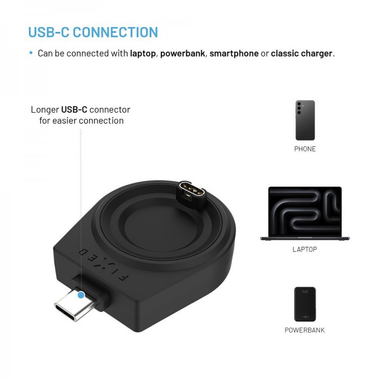 Fixed - Adapter Type-C, για Garmin Fenix 5/6/7/7X/8/Epix/Venu 2/3/3S/Vívoactive 3/4/5 - Μαύρο - FIXDW-GA-BK