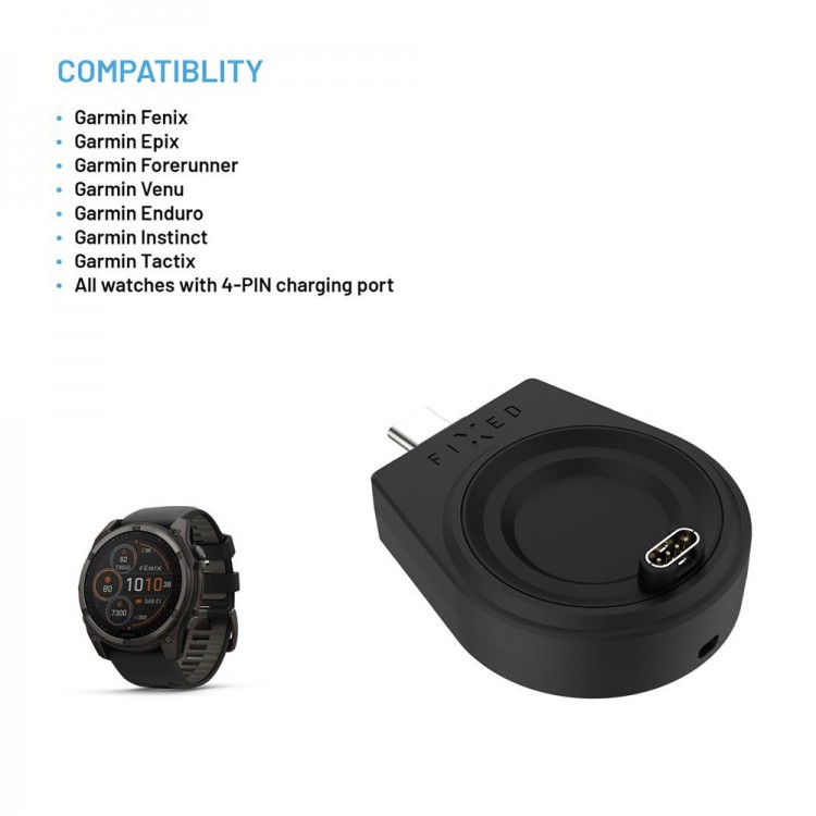 Fixed - Adapter Type-C, για Garmin Fenix 5/6/7/7X/8/Epix/Venu 2/3/3S/Vívoactive 3/4/5 - Μαύρο - FIXDW-GA-BK