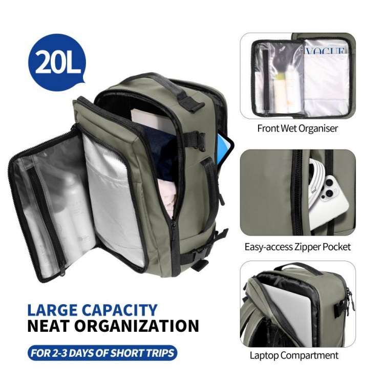 TECH PROTECT Σακιδιο Πλάτης 20L , DEFENDER S50 για RYANAIR & WIZZAIR TRAVEL, LAPTOP σε καμπίνα 40x20x25 - ΧΑΚΙ ΠΡΑΣΙΝΟ