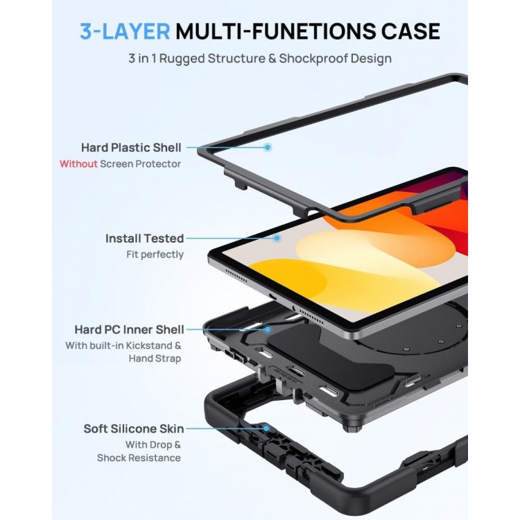 Θήκη TECH PROTECT SOLID360 με Περιμετρική Προστασία Οθόνης, Χειρολαβή, Βάση στήριξης & ιμάντα ώμου μεταφοράς για XIAOMI REDMI PAD SE 11.0 2023 - ΜΑΥΡΟ