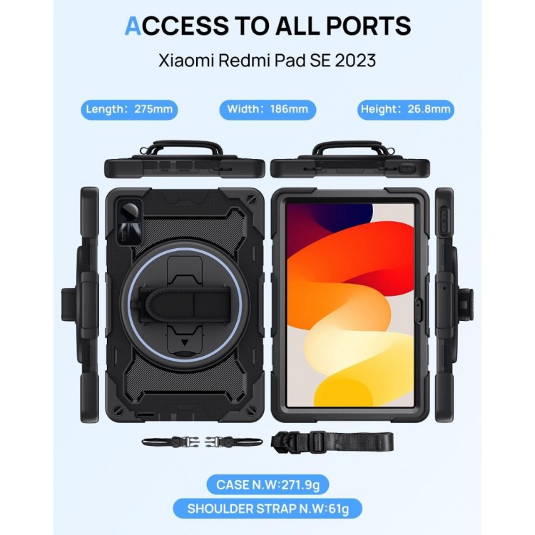 Θήκη TECH PROTECT SOLID360 με Περιμετρική Προστασία Οθόνης, Χειρολαβή, Βάση στήριξης & ιμάντα ώμου μεταφοράς για XIAOMI REDMI PAD SE 11.0 2023 - ΜΑΥΡΟ
