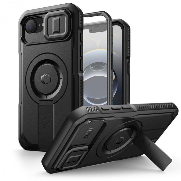 Θήκη TECH PROTECT KEVLAR MAGSAFE με Προστατευτικό οθόνης κ Βάση για Apple IPHONE 16e 6.1 2025 - ΜΑΥΡΟ