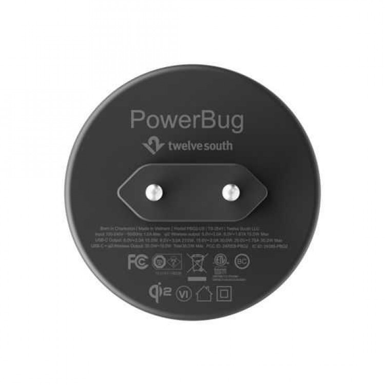 TwelveSouth PowerBug 35W EU, Φορτιστής-Μπρίζα τοίχου με MagSafe/Qi2 ασύρματη φόρτιση και ενσωματωμένη θύρα USB‑C PD - SLATE ΜΑΥΡΟ - TW-TS-2544