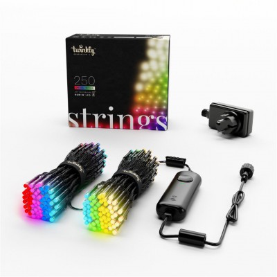 Twinkly Xmas Lights Starter Pack 250L flat RGBW lens light string ,Black wire, BT+WiFi, Music Sensor, IP44 - EU 2 Pin Type C Plug - GEN II - TWS250SPP-BEU