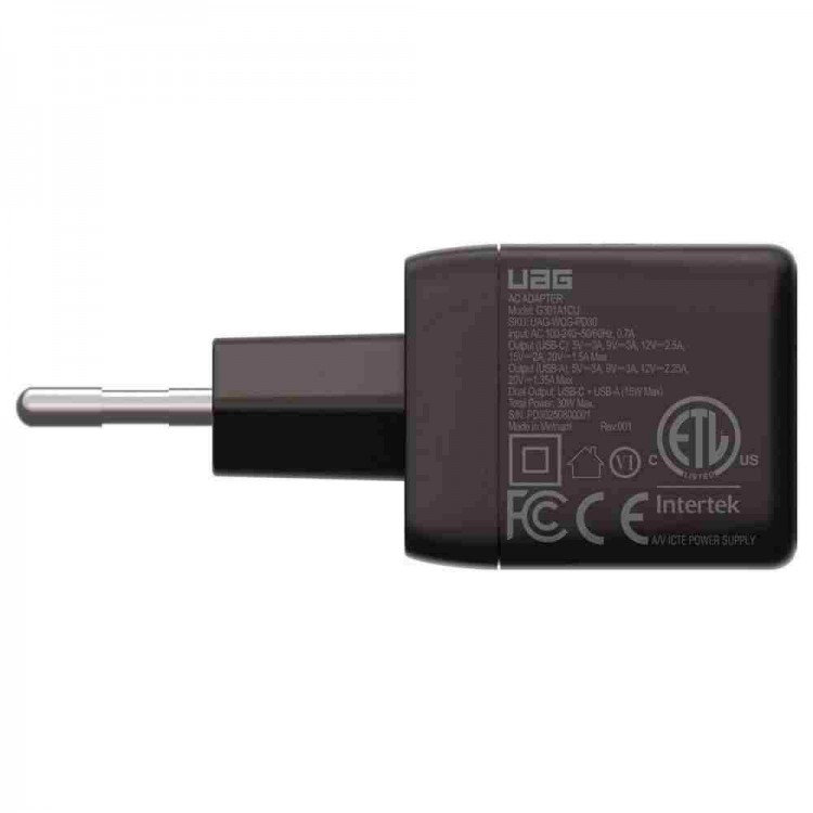 UAG SRGE 30W GaN PD/Quick Charge οικιακός φορτιστής EU, 2ΧΘύρες - 1XUSB-C, 1XUSB-A - Μαύρο - 9B443511V4040
