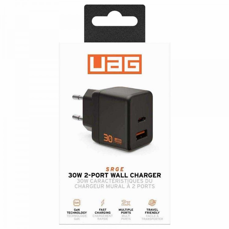 UAG SRGE 30W GaN PD/Quick Charge οικιακός φορτιστής EU, 2ΧΘύρες - 1XUSB-C, 1XUSB-A - Μαύρο - 9B443511V4040