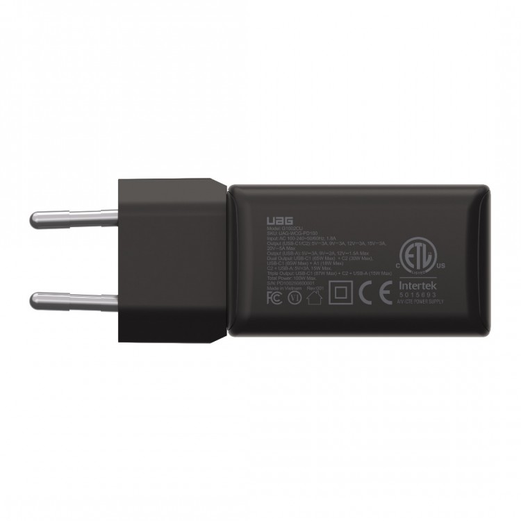 UAG SRGE 100W GaN PD/Quick Charge οικιακός φορτιστής EU, 3ΧΘύρες - 2XUSB-C, 1XUSB-A - Μαύρο - 9B443811V4040