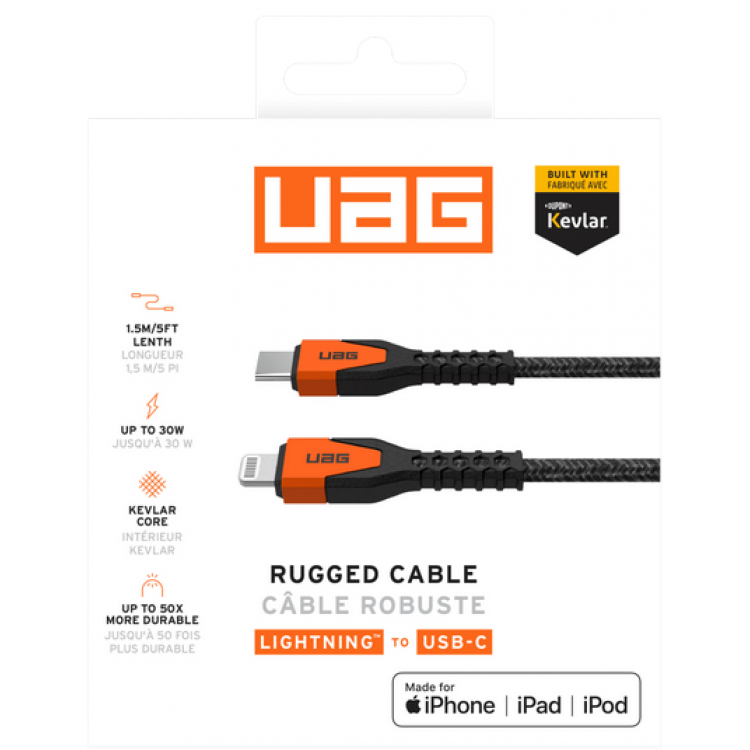 UAG ULTRA RUGGED Kevlar USB-C σε Lightning 30W καλώδιο 1.5μ - ΜΑΥΡΟ/ΠΟΡΤΟΚΑΛΙ - 9B4414114097