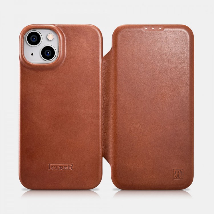 iCarer AKI 14220705 iPhone 14 Curved Genuine Leather MAGSAFE Brown