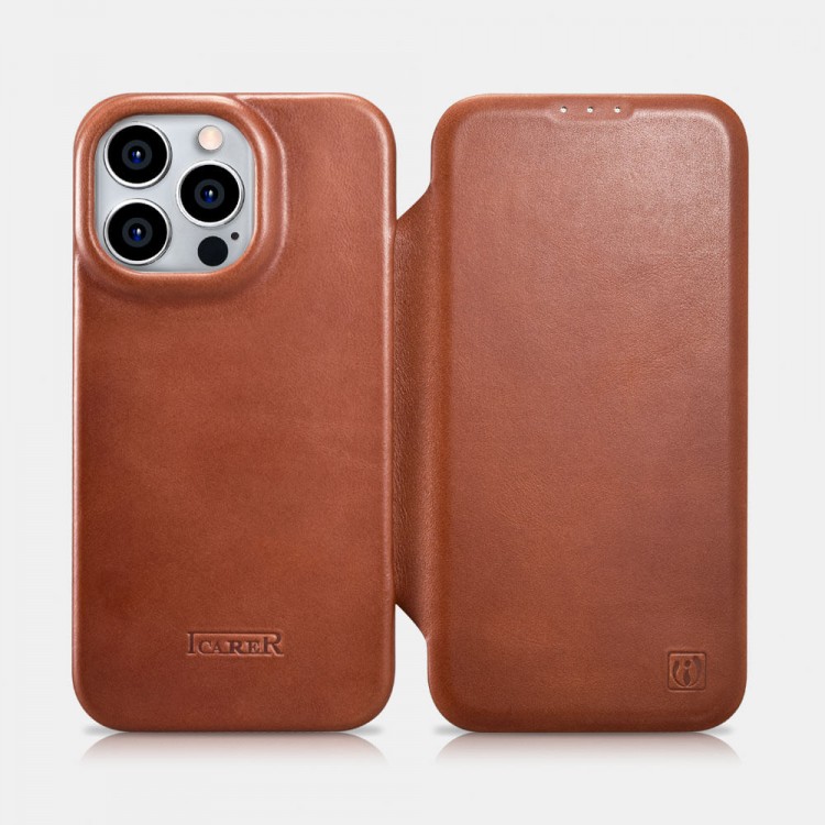 iCarer AKI 14220706 iPhone 14 Pro Curved Genuine Leather MAGSAFE Brown