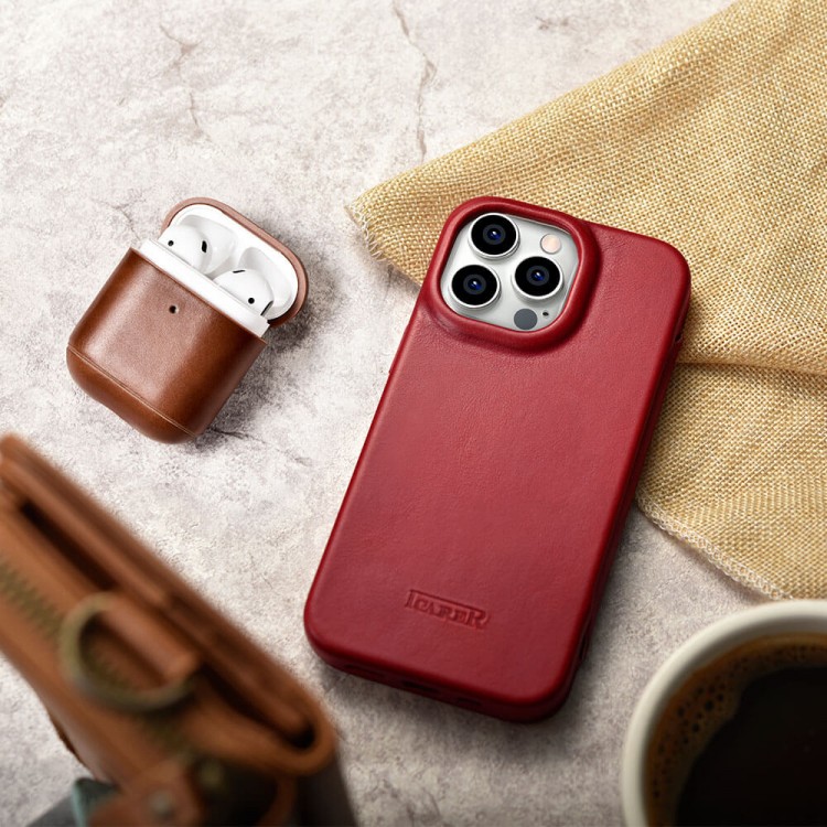 iCarer AKI 14220706 iPhone 14 Pro Curved Genuine Leather MAGSAFE Red