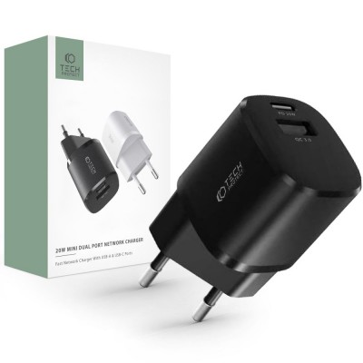 TECH-PROTECT C20W MINI οικιακός φορτιστής 2-Θυρών, 1xUSB-A, 1xUSB-C PD 20W/QC3.0 - ΜΑΥΡΟ