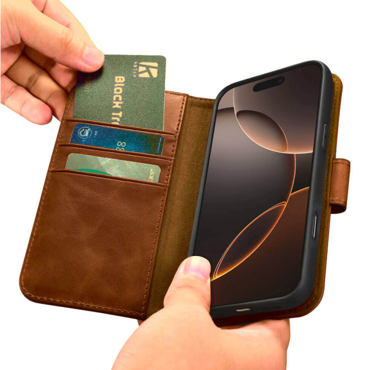 Θήκη ICARER FOLIO Δερμάτινη Leather Magsafe 2in1 Wallet με RFID για Apple iPhone 16 Pro 6.3 5G 2024 - ΚΑΦΕ - WMI16240720