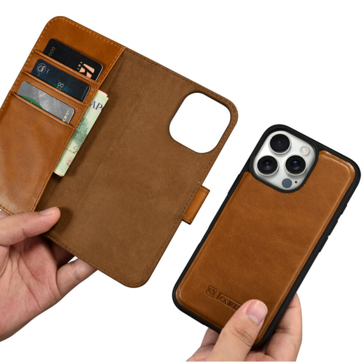 Θήκη ICARER FOLIO Δερμάτινη Leather Magsafe 2in1 Wallet με RFID για Apple iPhone 16 Pro 6.3 5G 2024 - ΚΑΦΕ - WMI16240720
