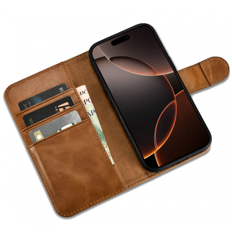 Θήκη ICARER FOLIO Δερμάτινη Leather Magsafe 2in1 Wallet με RFID για Apple iPhone 16 Pro 6.3 5G 2024 - ΚΑΦΕ - WMI16240720