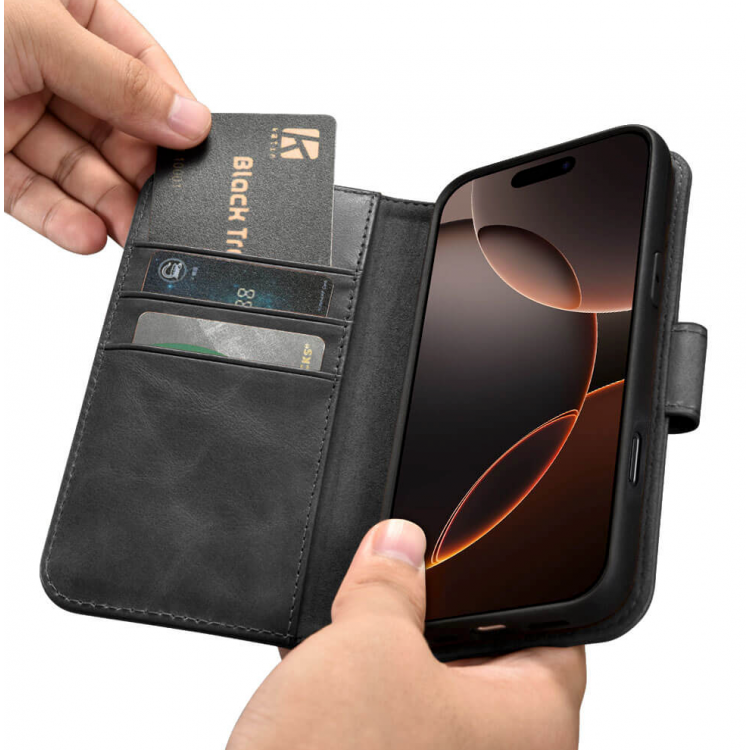 Θήκη ICARER FOLIO Δερμάτινη Leather Magsafe 2in1 Wallet με RFID για Apple iPhone 16 Pro Max 6.9 5G 2024 - ΜΑΥΡΟ - WMI16240722