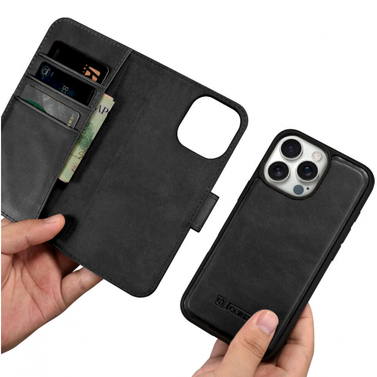 Θήκη ICARER FOLIO Δερμάτινη Leather Magsafe 2in1 Wallet με RFID για Apple iPhone 16 Pro Max 6.9 5G 2024 - ΜΑΥΡΟ - WMI16240722