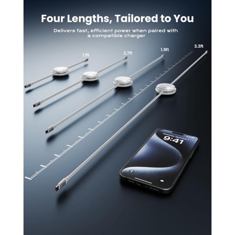 iOttie 100W Retractable καλώδιο USB-C με γρήγορη φόρτιση/μεταφορά δεδομένων, 2 τεμ. - ΛΕΥΚΟ - IOTACC610