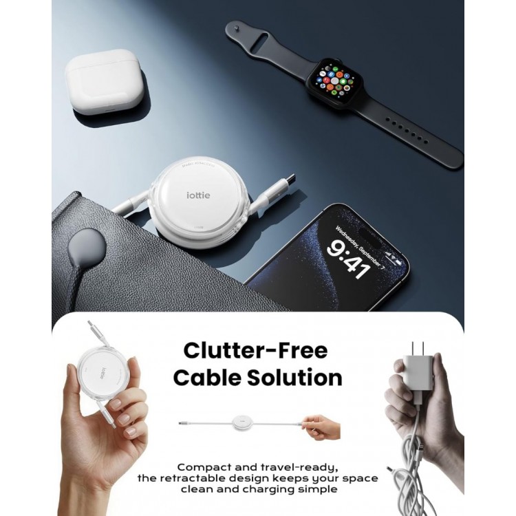 iOttie 100W Retractable καλώδιο USB-C με γρήγορη φόρτιση/μεταφορά δεδομένων, 2 τεμ. - ΛΕΥΚΟ - IOTACC610
