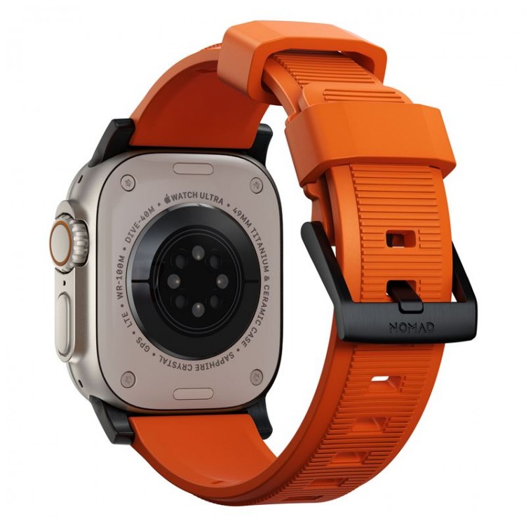 NOMAD Sport Rugged Strap Αδιάβροχο σιλικόνης για Apple Watch 1,2,3,4,5,6,SE,7,8,Ultra series - 42mm-44mm-45mm-49mm - ΠΟΡΤΟΚΑΛΙ ΜΑΥΡΟ - NM01217985