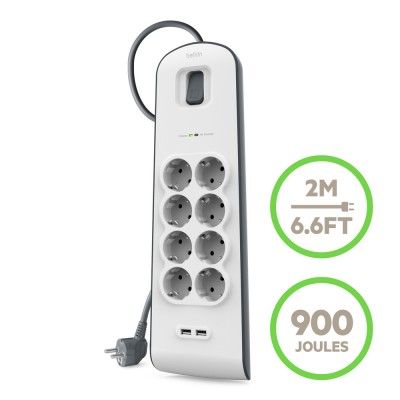 BELKIN SURGE, 8 sockets, 900J, 2M, 2 USB-2.4A SHARED, updated version 2 - BSV804vf2M-V2