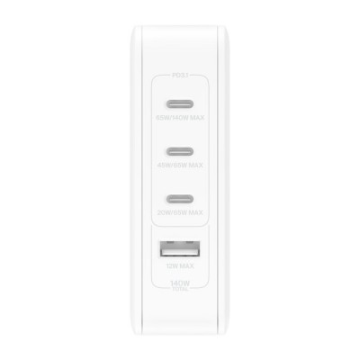 140W 4-ports USB GaN Wall Charger with UK, EU, US plug tips, White