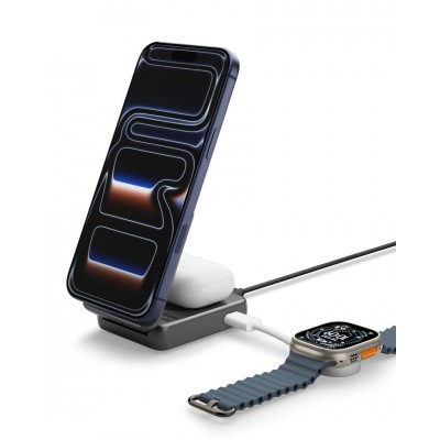 SPIGEN SGP ESSENTIAL EF302MOQ 2-in-1+C QI2.2 25W MagSafe Magnetic wireless charging station-base for Αpple iPhone, Apple Watch Series, Airpods - BLACK - ACH10399