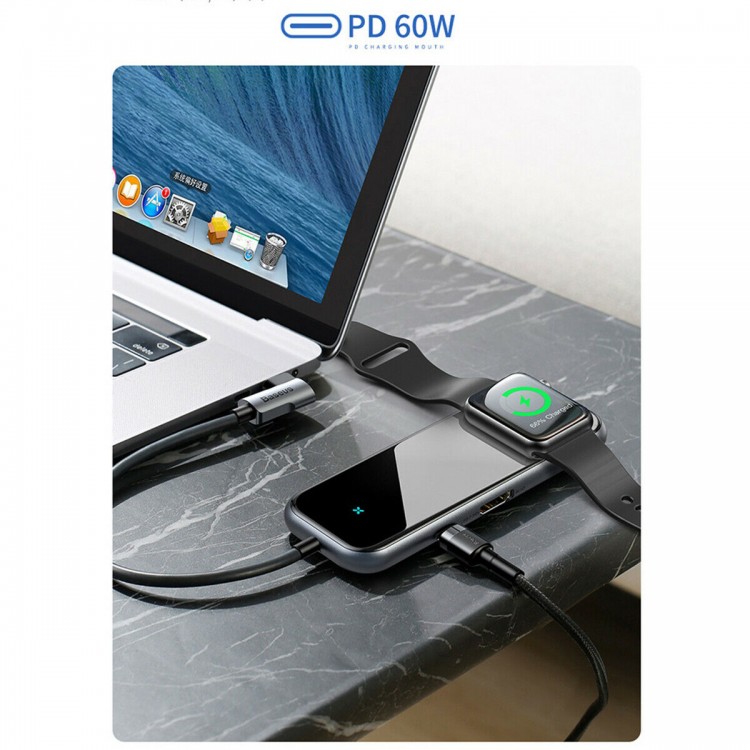 BASEUS Superlative Hub ADAPTER USB-C PD TO MULTI PORT HDMI, jack 3,5mm, Apple Watch charger - ΜΑΥΡΟ - BSU086